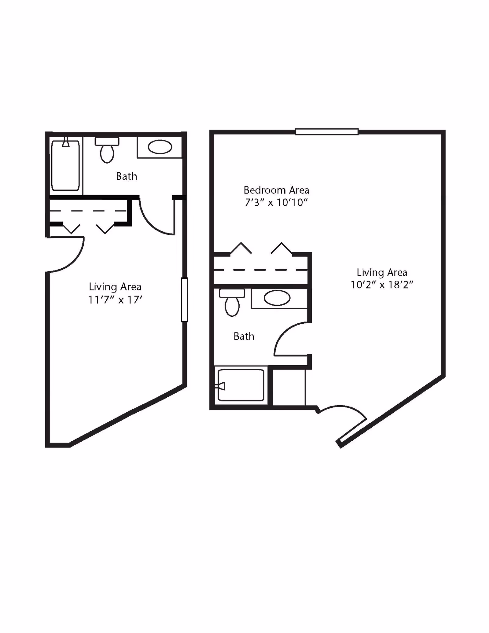 Architectural floor plan showing two apartment layouts from Brookdale Chubbuck. Each layout includes a living area and a bathroom. One layout also includes a bedroom area with dimensions labeled.