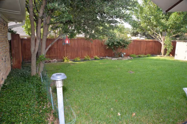 A grassy backyard area enclosed by a wooden fence with several trees and bushes along the fence line. There is a brick building wall on the left side and a small shed on the right side. A garden light is visible in the foreground near the left side.
