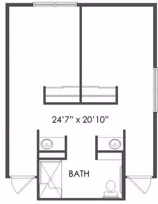 Architectural floor plan showing a layout with two rooms separated by closets, and a bathroom area containing two sinks, a shower, and a toilet. The overall dimensions are 24 feet 7 inches by 20 feet 10 inches.