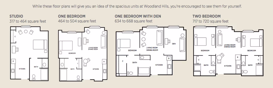Floor plans for Woodland Hills Independent Living, Assisted Living and Memory Care Community showing layouts for Studio (317 to 464 sq ft), One Bedroom (464 to 504 sq ft), One Bedroom with Den (634 to 668 sq ft), and Two Bedroom (717 to 720 sq ft) units, each with labeled rooms including bedroom, living room, dining room, kitchen, bath, and den where applicable.