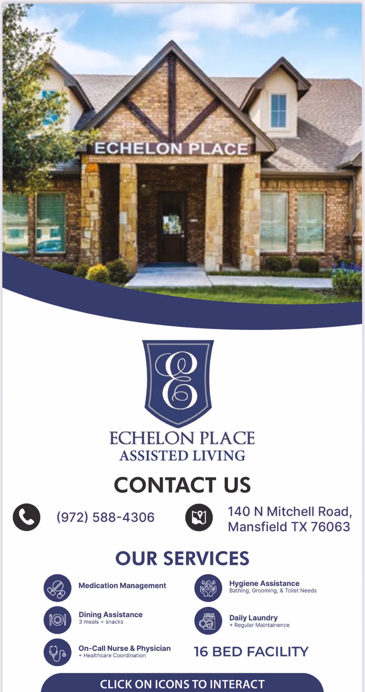 Front exterior view of Echelon Place Assisted Living facility showing a brick building with a peaked roof and a sign above the entrance that reads 'Echelon Place'. Below the image is a logo for Echelon Place Assisted Living, contact information including phone number and address, and a list of services offered such as medication management, dining assistance, on-call nurse and physician, hygiene assistance, and daily laundry. The facility is described as a 16 bed facility.