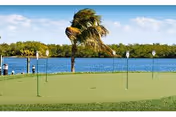 Outdoor putting green with several golf holes marked by flags, a palm tree blowing in the wind, and a body of water with trees in the background under a clear blue sky.