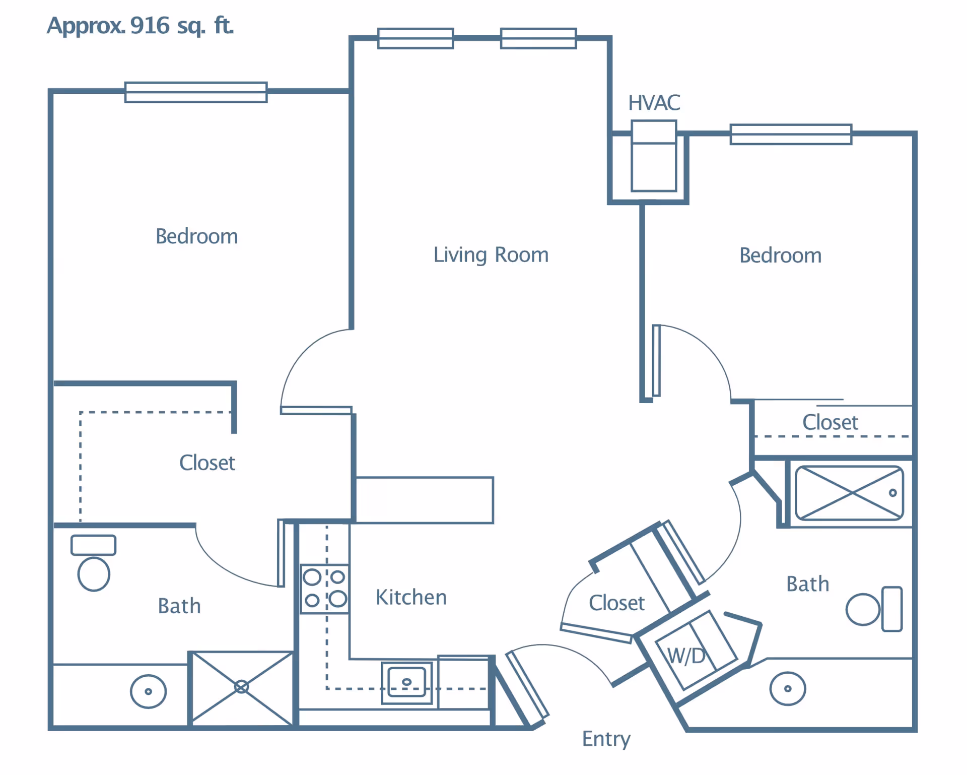 Floor plan of a residential unit approximately 916 square feet, featuring two bedrooms each with a closet, two bathrooms, a kitchen, a living room, an entry area with a washer/dryer closet, and an HVAC unit.