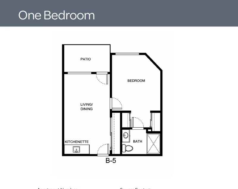 Black-and-white one-bedroom floor plan (B-5) showing a living/dining area with kitchenette, bedroom, bathroom, and patio.