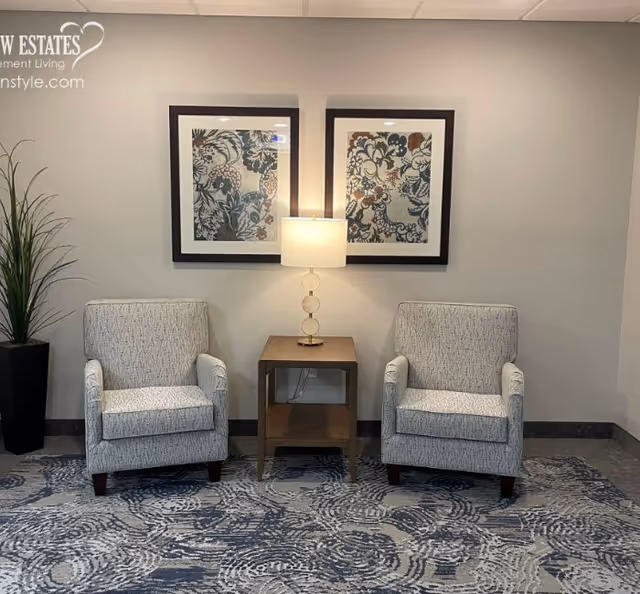 A seating area with two patterned armchairs separated by a wooden side table with a lamp on it. Above the table are two framed floral artworks. A tall potted plant is placed to the left of the left chair. The floor has a blue and gray patterned carpet.