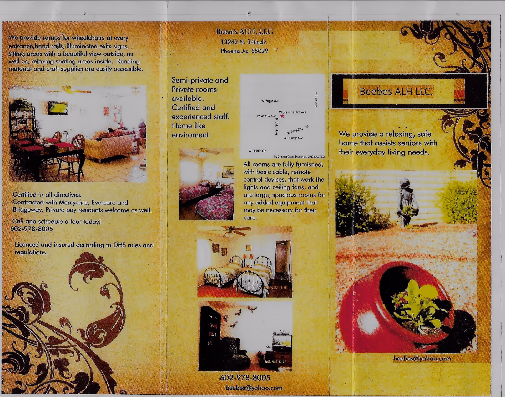 Brochure for Beebe's assisted living facility showing interior photos of a dining area with table and chairs, bedrooms with beds and ceiling fans, and a sitting area with a chair and TV. The brochure also includes a map of the location, contact information, and a photo of a child walking outside near a large red planter with plants.