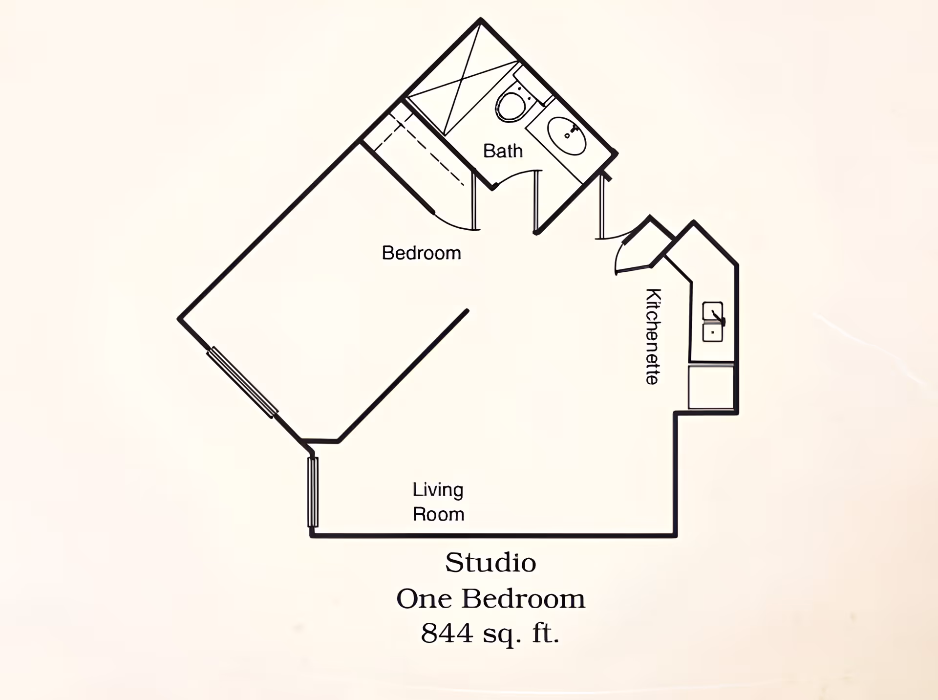 Floor plan of a studio one-bedroom apartment with a living room, bedroom, bath, and kitchenette, totaling 844 square feet.