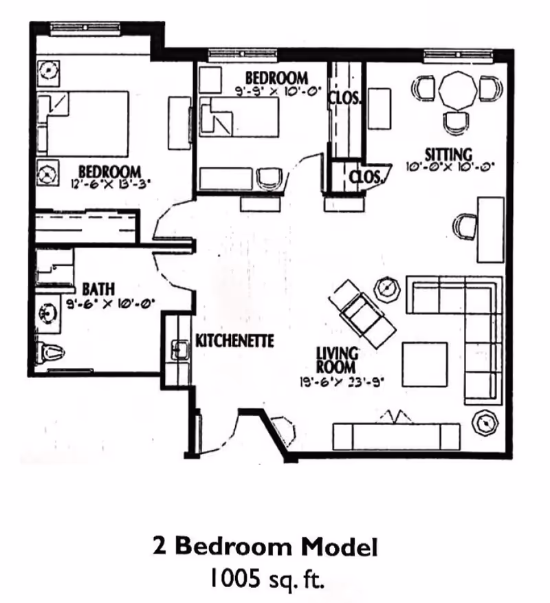 Floor plan of a 2 bedroom model apartment with a total area of 1005 square feet. The layout includes two bedrooms, a bathroom, a kitchenette, a living room, and a sitting area. The larger bedroom measures 12 feet 6 inches by 13 feet 3 inches, and the smaller bedroom measures 9 feet 9 inches by 10 feet. The bathroom measures 9 feet 6 inches by 10 feet. The living room is 19 feet 6 inches by 23 feet 9 inches, and the sitting area is 10 feet by 10 feet. Closets are located near the bedrooms and sitting area.