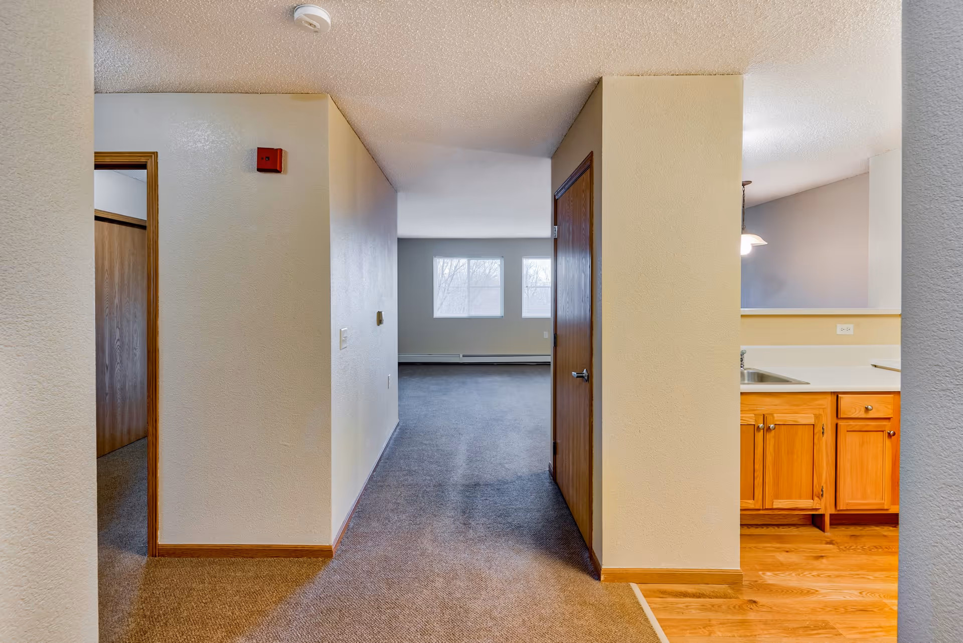 Interior view of an apartment hallway with beige walls and carpeted floor leading to a living area with two windows. To the right is a kitchen area with wooden cabinets, a sink, and a countertop. A wooden door is visible in the hallway.