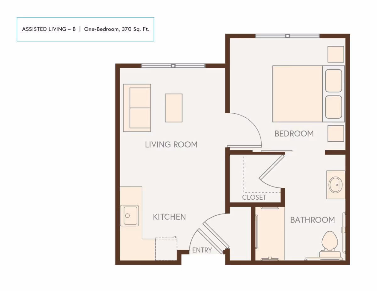 Top-down floor plan of a one-bedroom, 370 sq. ft. assisted living apartment showing a living room, kitchen, bedroom, bathroom, closet and entry.
