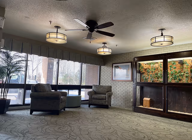 A spacious lounge area with two upholstered armchairs and a round ottoman in front of large windows with blinds. The room has a patterned carpet, three ceiling lights, a ceiling fan, a potted plant, and a large wooden display case with plants inside against a brick wall.