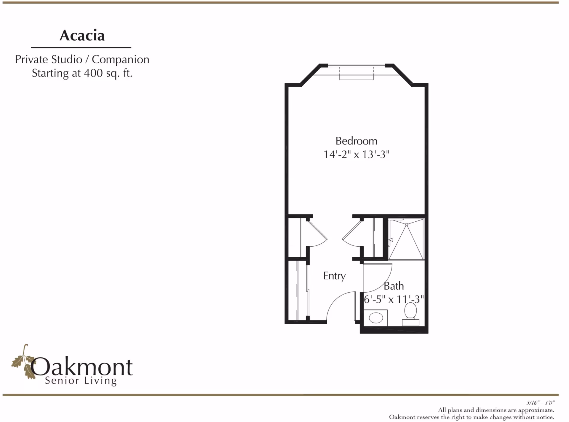 Floor plan for Acacia private studio/companion unit at Oakmont Senior Living, showing a bedroom measuring 14 feet 2 inches by 13 feet 3 inches, an entry area, and a bathroom measuring 6 feet 5 inches by 11 feet 3 inches.