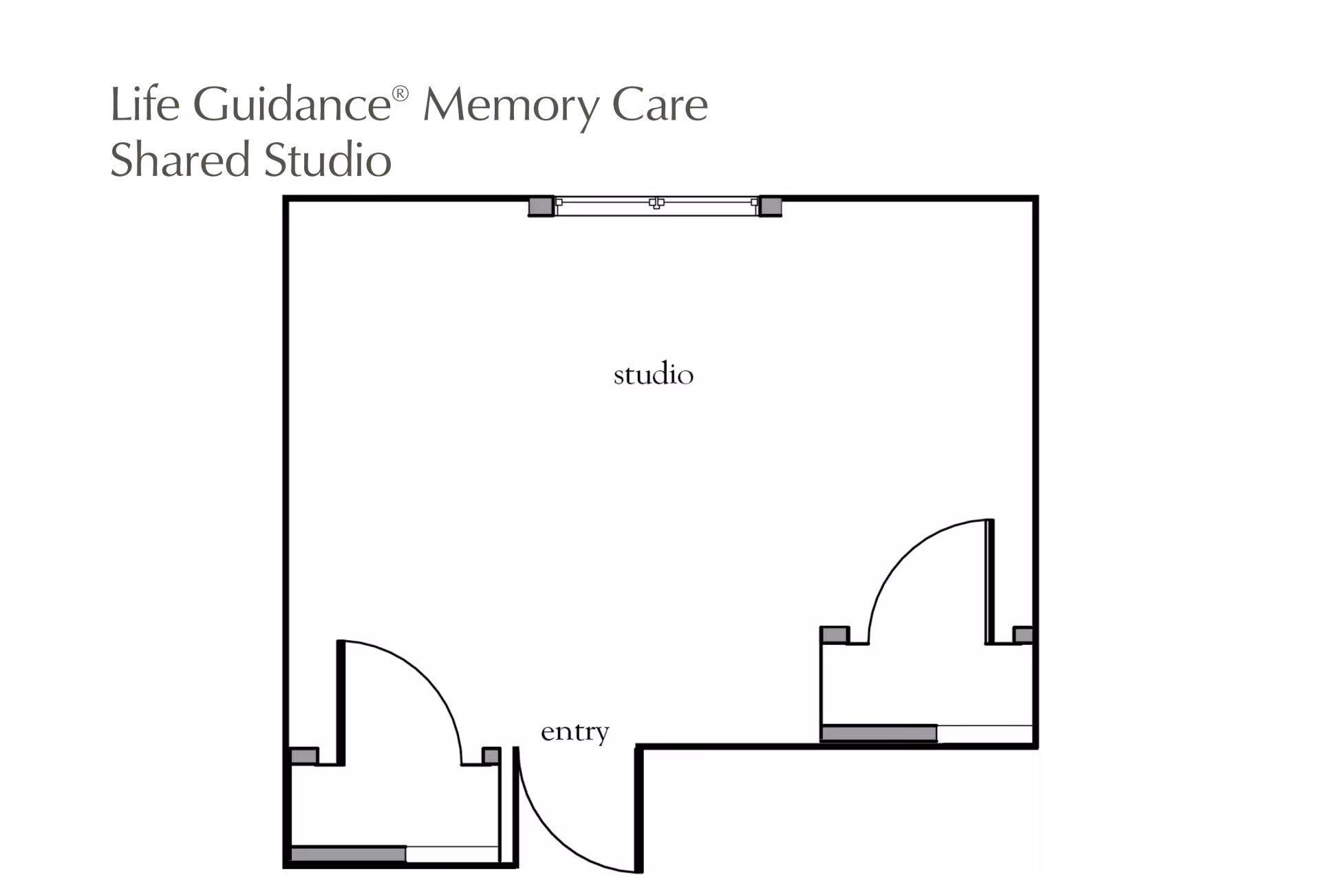 Floor plan layout of a Life Guidance Memory Care Shared Studio, showing a studio room with an entry and two additional small rooms or closets.