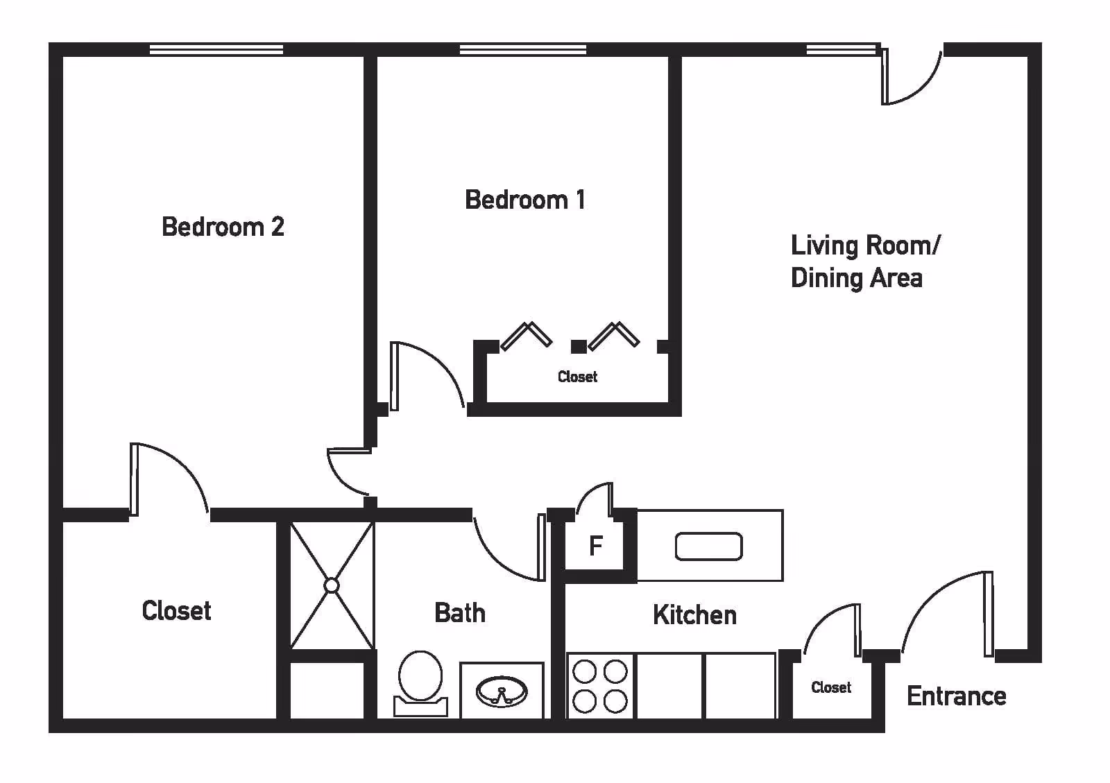 Floor plan of a residential unit at Regal Estates Of League City showing two bedrooms, a bathroom, a kitchen, a living room/dining area, closets, and an entrance.