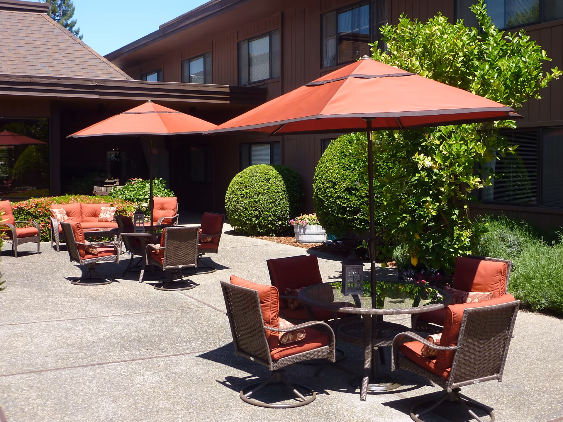 Outdoor patio area at Silverado Orchards Retirement Community with several round glass tables surrounded by cushioned wicker chairs. Each table has a large red umbrella providing shade. The patio is adjacent to a brown building with windows, and there are neatly trimmed bushes and greenery around the seating area.