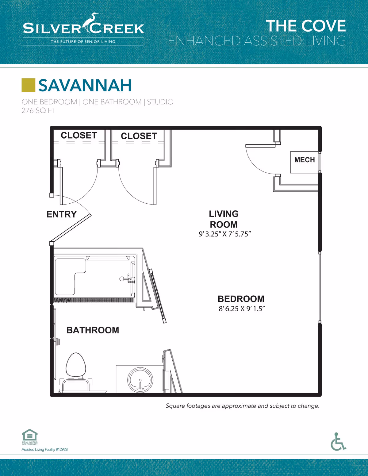 Floor plan of a studio apartment named Savannah at Silver Creek's The Cove enhanced assisted living facility. The layout includes an entry area with two closets, a bathroom with a toilet, sink, and shower, a living room measuring 9 feet 3.25 inches by 7 feet 5.75 inches, and a bedroom area measuring 8 feet 6.25 inches by 9 feet 1.5 inches. There is also a mechanical room labeled MECH. The total area is 276 square feet.