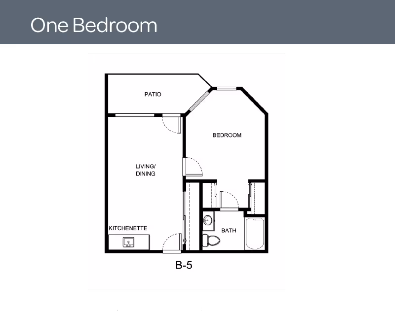 Floor plan of a one-bedroom apartment labeled B-5, showing a patio, living/dining area, kitchenette, bedroom, and bathroom.