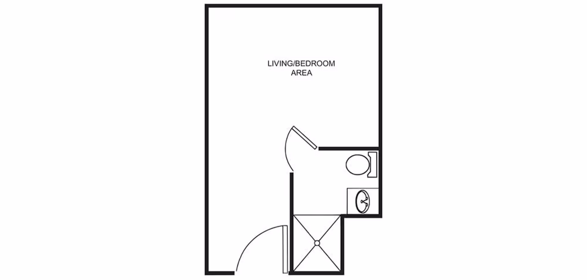 Black-and-white floor plan of a studio living/bedroom with an entry and a small bathroom showing a shower, toilet, and sink.