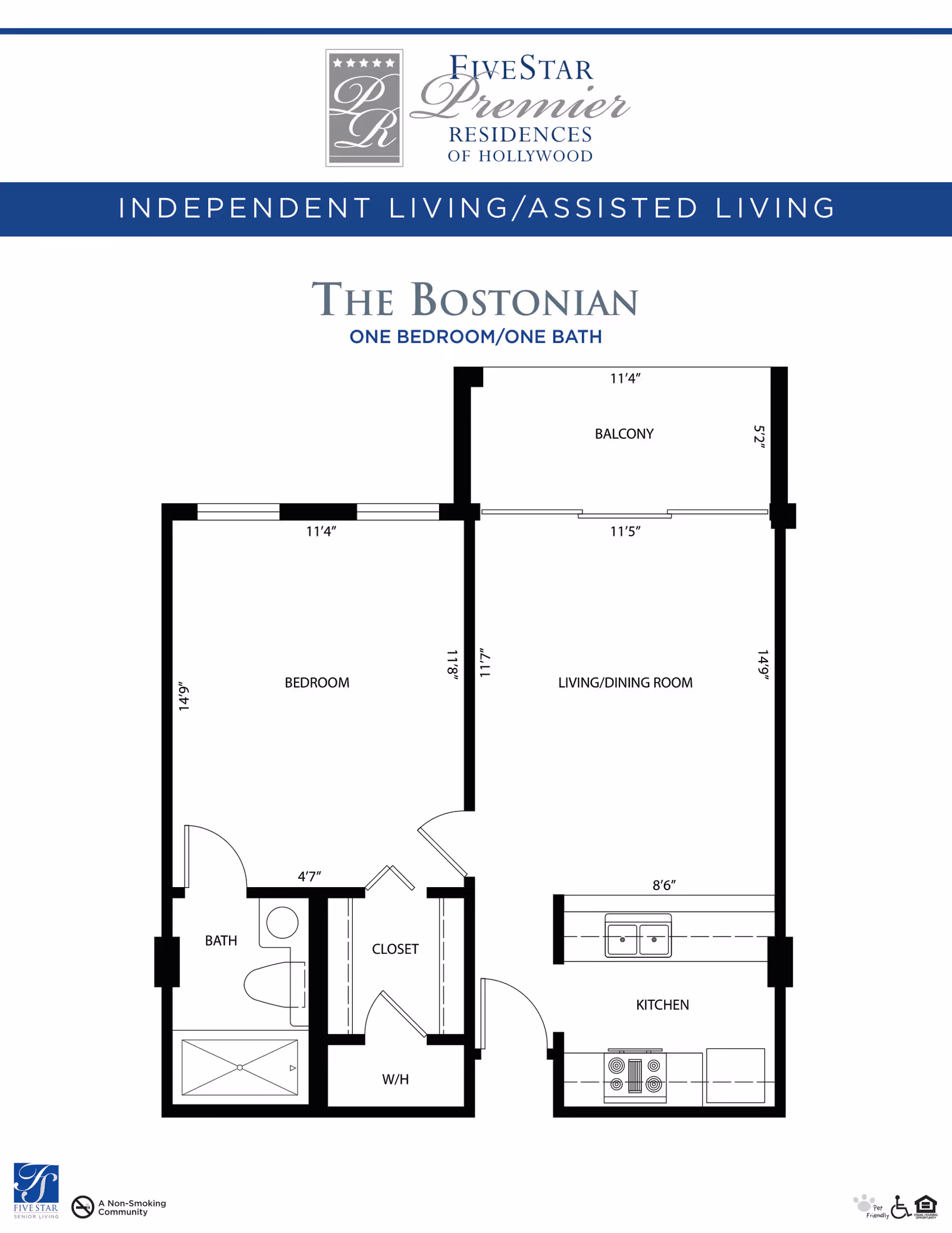 Floor plan of The Bostonian, a one bedroom, one bath apartment at Five Star Premier Residences of Hollywood. The layout includes a bedroom, bathroom, closet, water heater closet, kitchen, living/dining room, and a balcony. Dimensions for each room and area are provided.