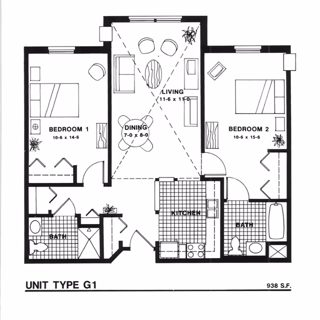 Black-and-white floor plan labeled 'Unit Type G1' showing two bedrooms, living and dining areas, a kitchen and two bathrooms.