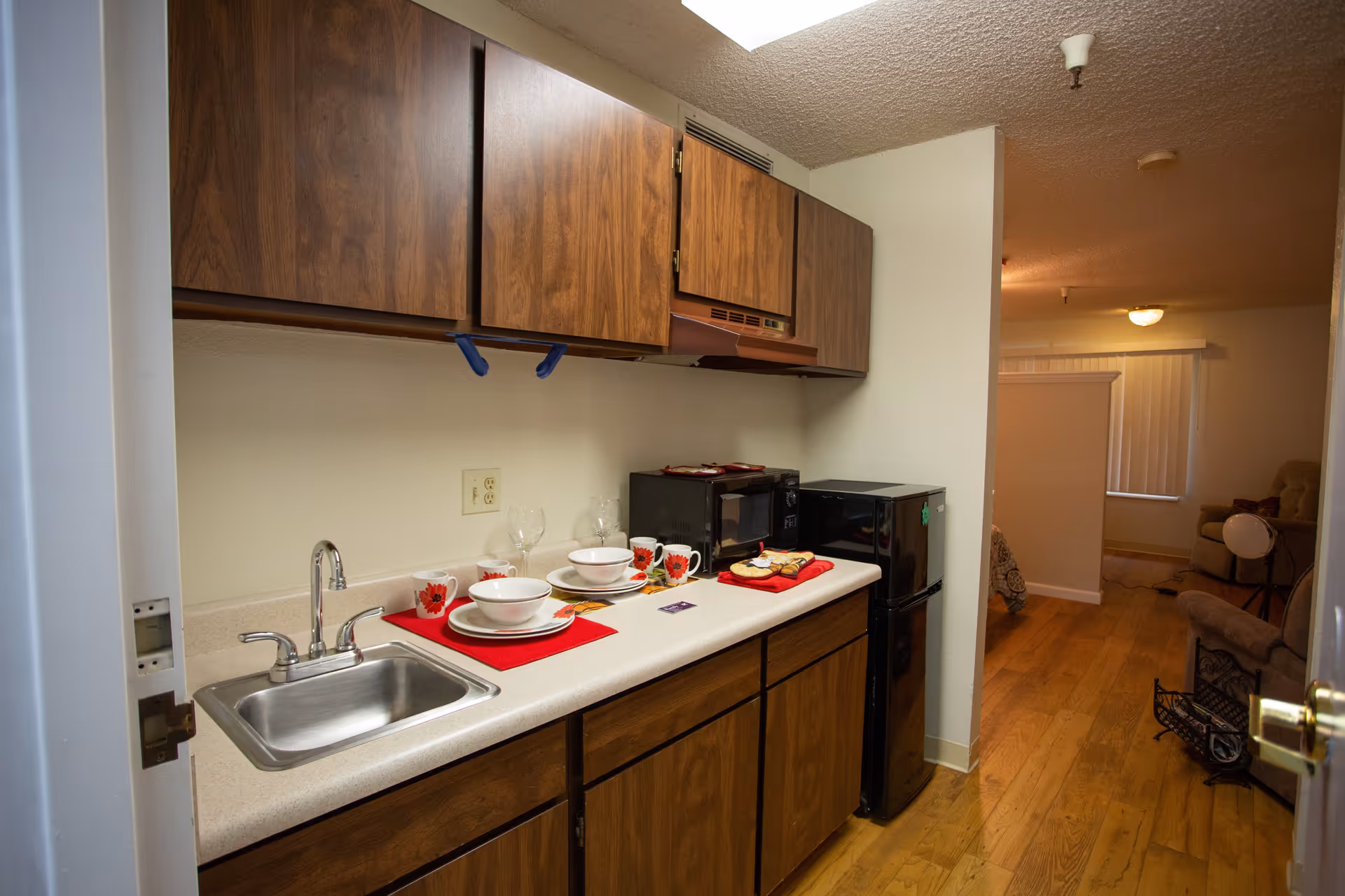 Small kitchenette with a sink, wood cabinets, countertop set with dishes, microwave and mini fridge opening into a living area.