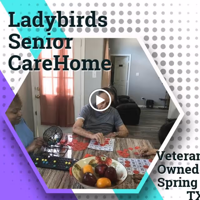 Residents playing bingo at a table in a common living area with a bowl of fruit and promotional text overlay.