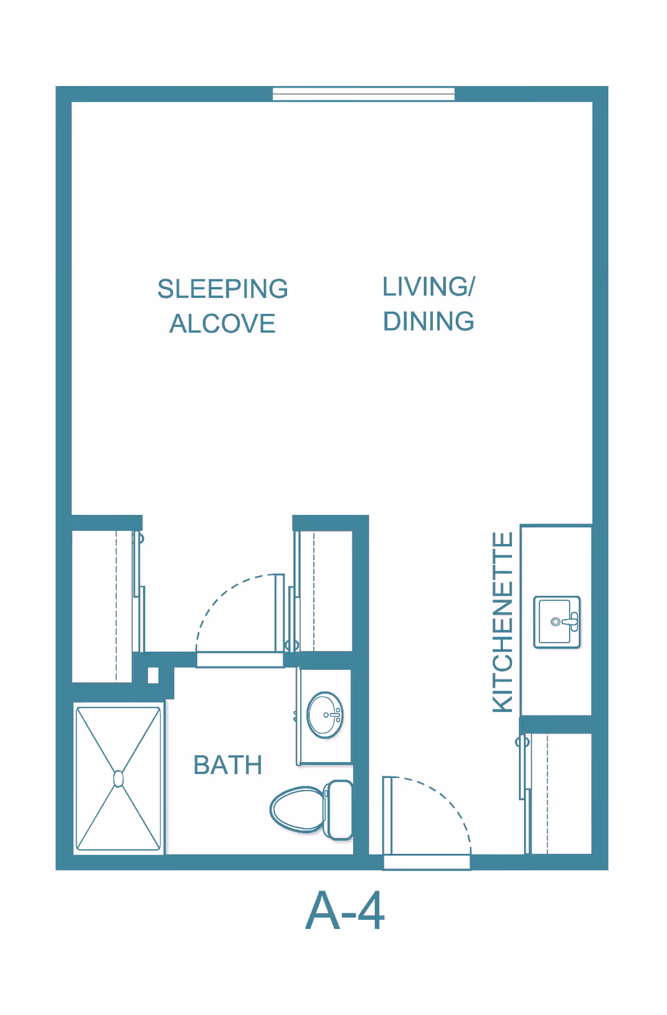 Floor plan of a studio apartment labeled A-4 showing a sleeping alcove, living/dining area, kitchenette, and a bathroom with a shower, toilet, and sink.