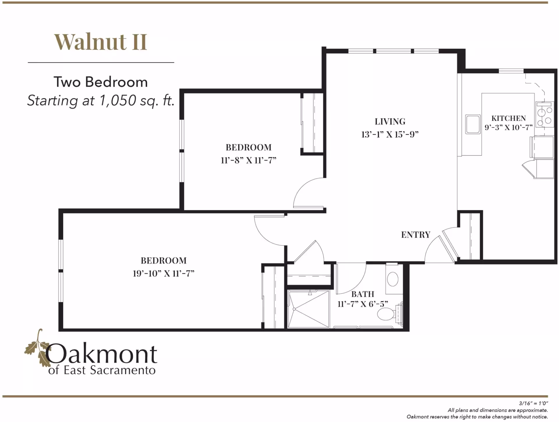 Floor plan of Walnut II, a two-bedroom apartment starting at 1,050 square feet at Oakmont of East Sacramento. The layout includes two bedrooms, a living room, a kitchen, a bathroom, and an entry area with dimensions labeled for each room.
