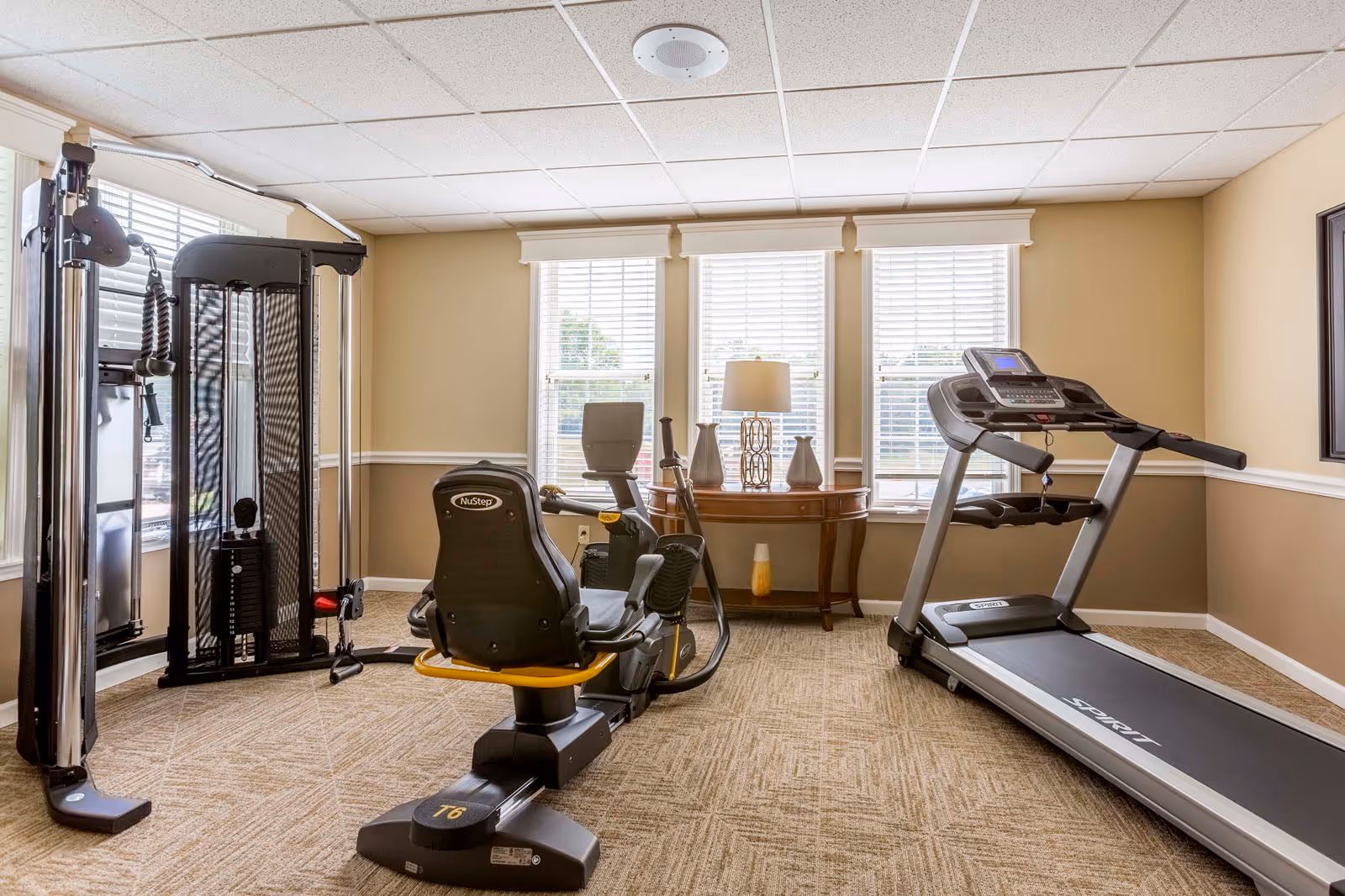 Small fitness room with a treadmill, recumbent bike and multi-station weight machine in front of three windows.