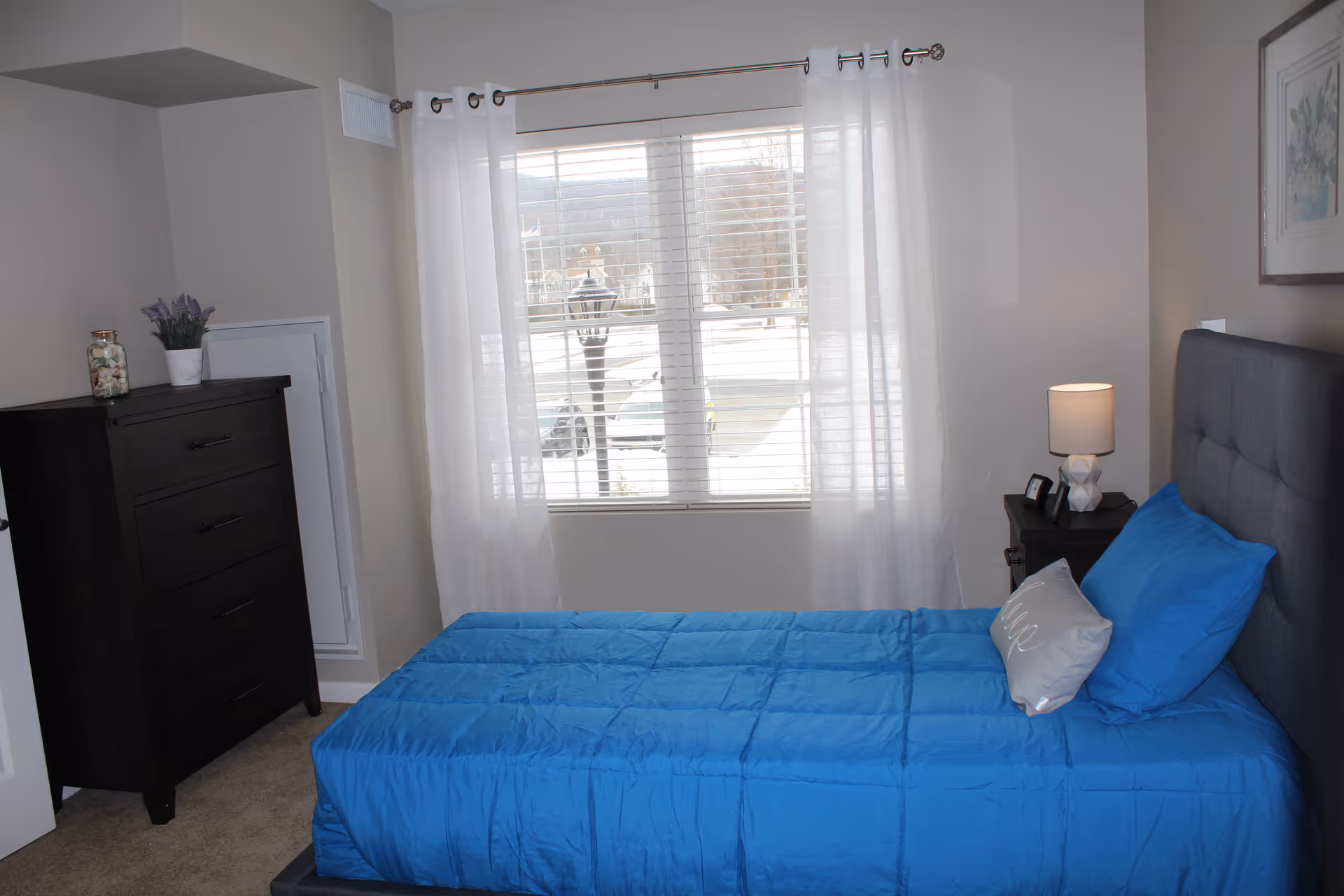 A bedroom with a single bed covered in a bright blue comforter and matching pillow, along with a smaller decorative pillow. There is a dark wooden nightstand with a lamp and picture frames next to the bed. A large window with white sheer curtains lets in natural light. On the left side of the room, there is a tall dark wooden dresser with a small plant and decorative jar on top. The walls are painted a light neutral color.