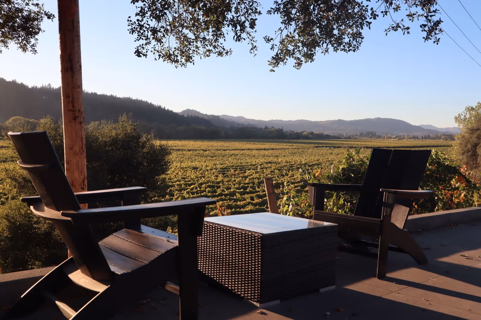 Two black wooden chairs and a square wicker table on a patio overlooking a vast vineyard with hills in the background under a clear blue sky.