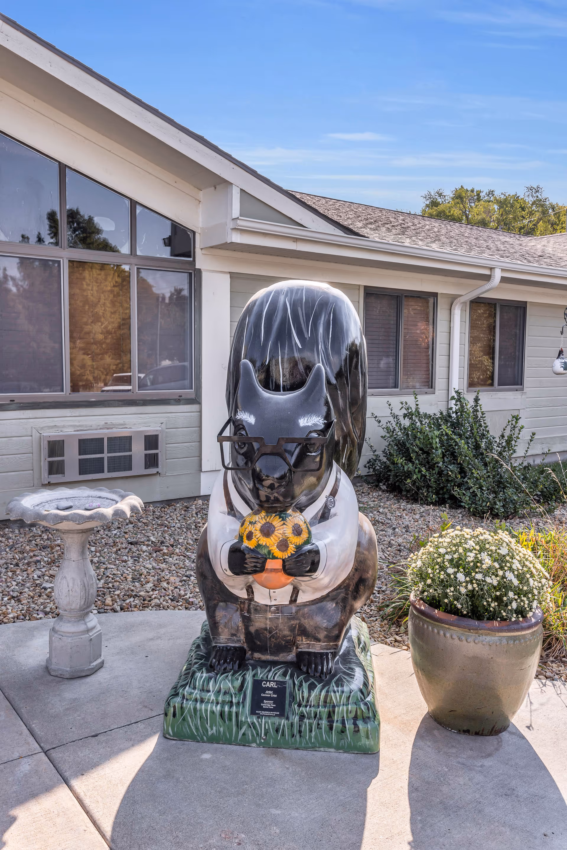 A large decorative squirrel statue wearing glasses and holding a bouquet of sunflowers, placed outdoors on a concrete patio in front of a building with windows and beige siding. There is a birdbath to the left and a large potted plant with white flowers to the right of the statue.
