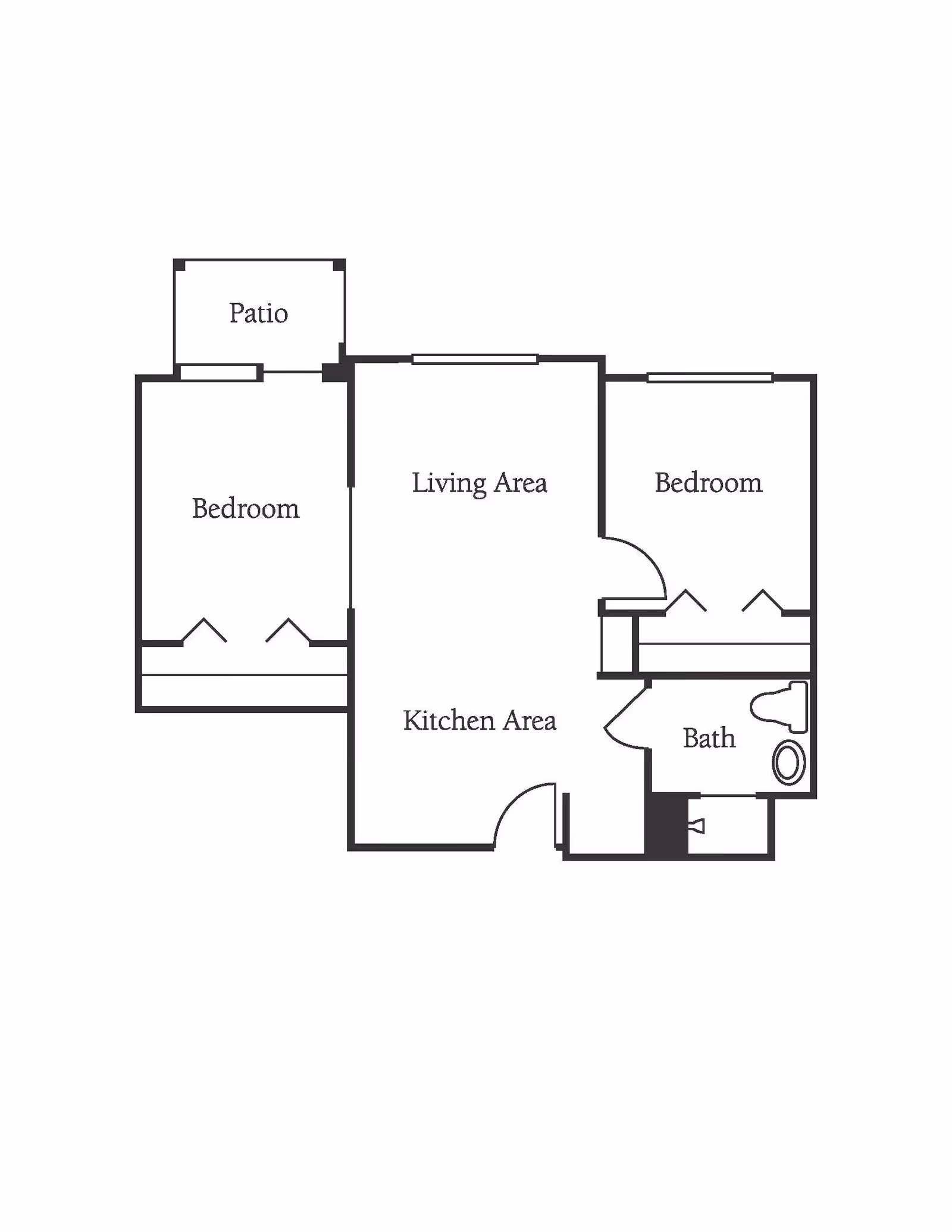 Floor plan layout showing two bedrooms, a living area, kitchen area, bath, and a patio connected to one bedroom.