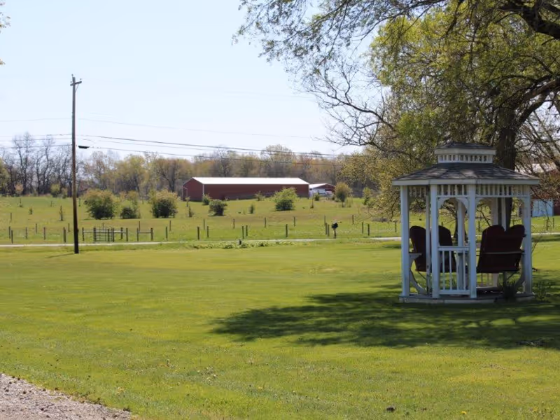 A grassy outdoor area with a white gazebo containing chairs under a large tree. In the background, there is a red barn and some scattered bushes and trees under a clear sky.