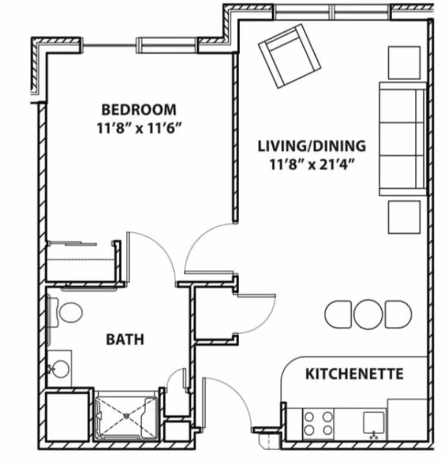 Architectural floor plan of a residential unit at The Residence at Glastonbury showing a bedroom, bathroom, living/dining area, and kitchenette with dimensions.