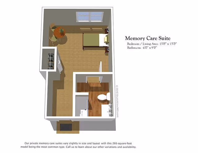 3D floor plan of a Memory Care Suite showing a bedroom/living area with a bed, small round table with chairs, and a bathroom with a toilet, sink, and shower. Dimensions are provided for the bedroom/living area and bathroom.