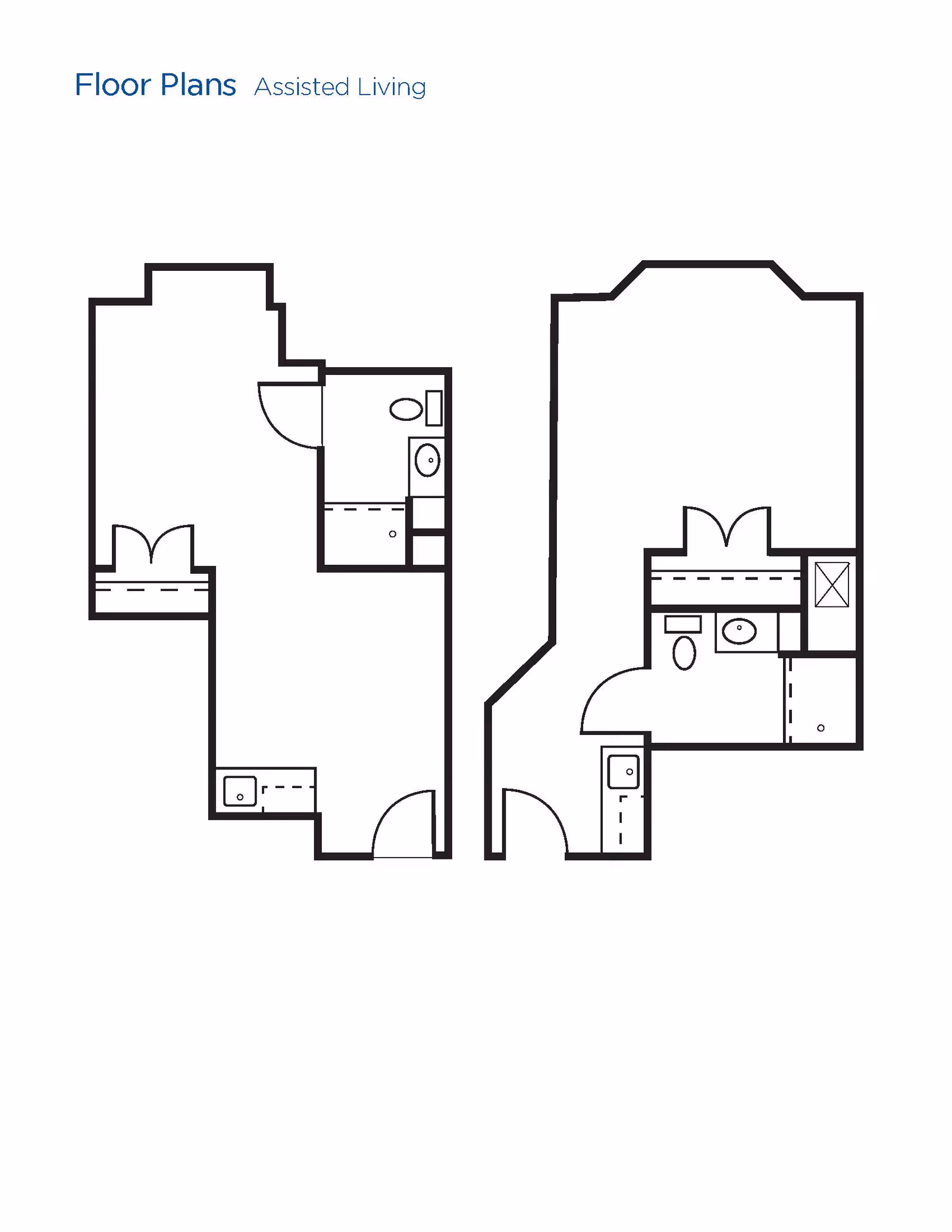 Black and white architectural floor plans for assisted living units showing layouts with rooms, doors, closets, bathrooms, and kitchenettes.