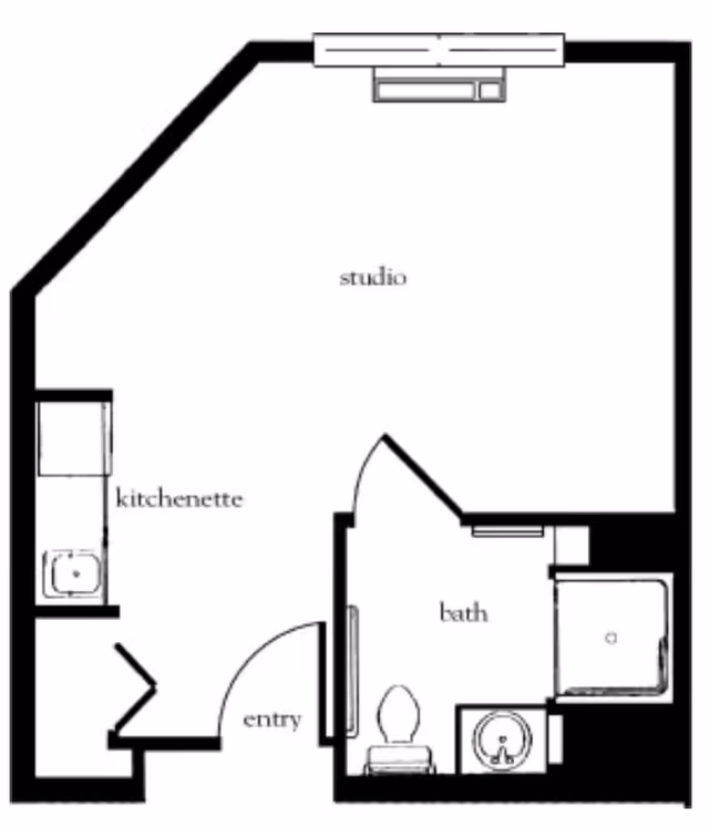 Floor plan of a studio apartment featuring an entry area, kitchenette, main studio living space, and a bathroom with a toilet, sink, and shower.