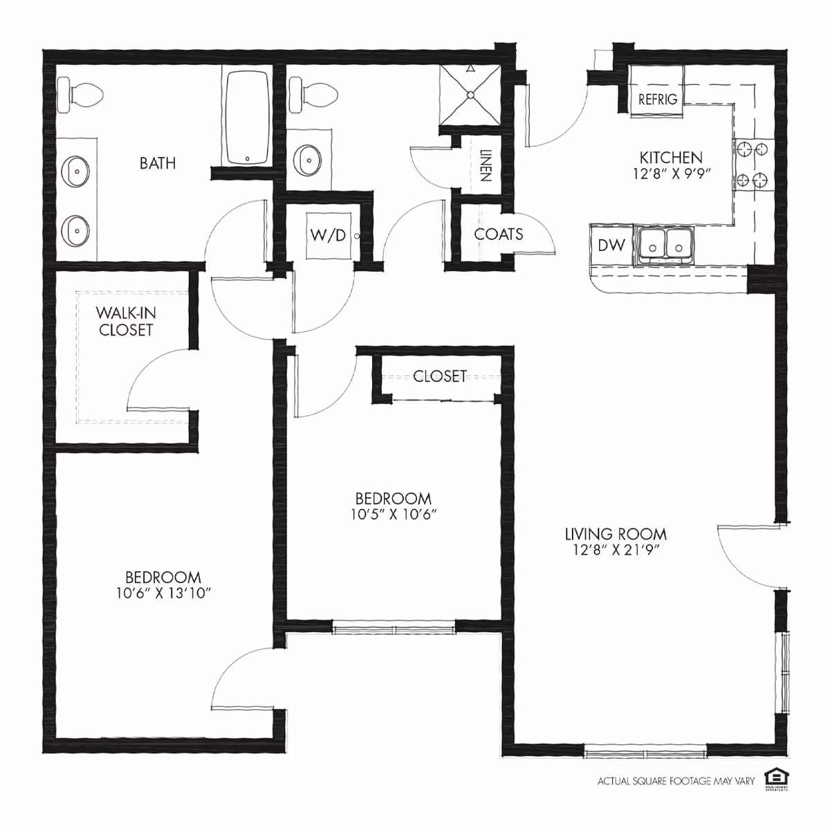 Architectural floor plan of a senior living apartment at Flatirons Terrace Senior Living showing two bedrooms, one bathroom, a kitchen, living room, walk-in closet, linen closet, coat closet, and washer/dryer area with dimensions labeled.