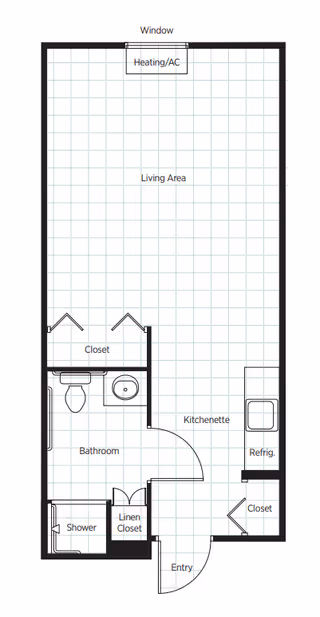 Architectural floor plan of a senior living studio apartment showing an entry leading to a kitchenette with a refrigerator and closet, a living area with a window and heating/AC unit, a bathroom with a toilet, sink, shower, and linen closet, and an additional closet near the living area.
