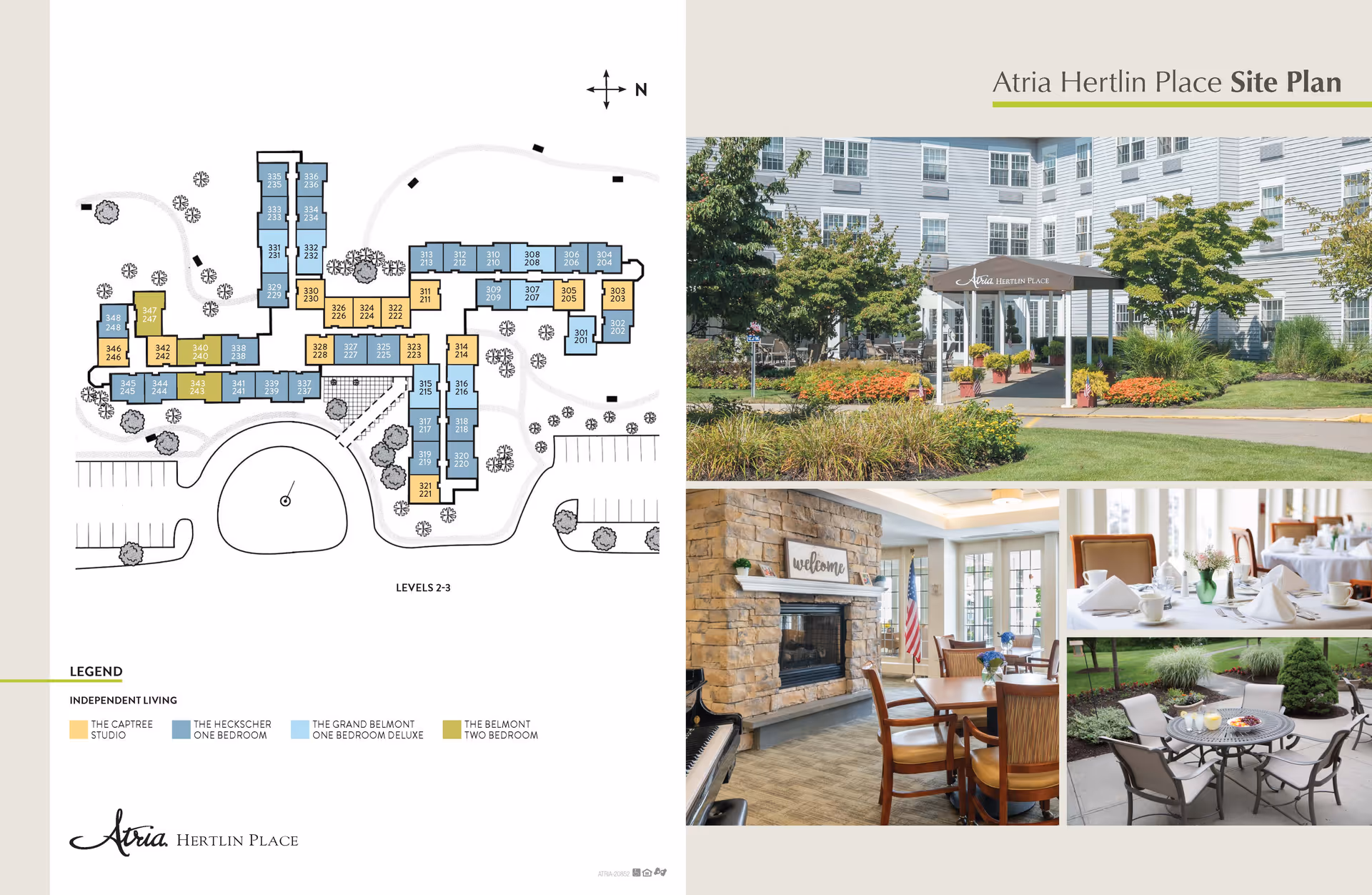 Atria Hertlin Place site plan showing levels 2-3 with color-coded independent living units including The Captree Studio, The Heckscher One Bedroom, The Grand Belmont One Bedroom Deluxe, and The Belmont Two Bedroom. The right side features four images: the exterior entrance of the building with landscaping, a cozy interior seating area with a stone fireplace and 'welcome' sign, a dining room set with tables, chairs, and place settings, and an outdoor patio with a table and chairs surrounded by greenery.