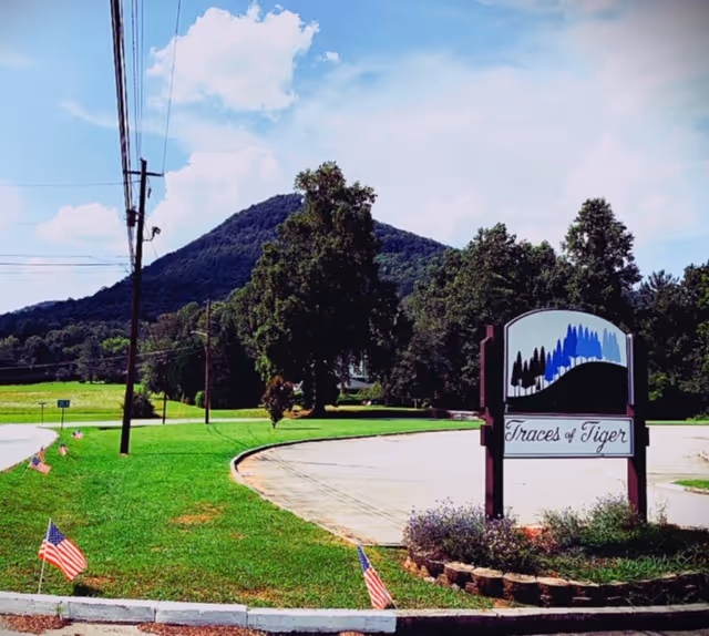 Outdoor view of a green lawn with small American flags along the edge, a curved driveway, trees, and a mountain in the background. A sign in the foreground reads 'Traces of Tiger'.