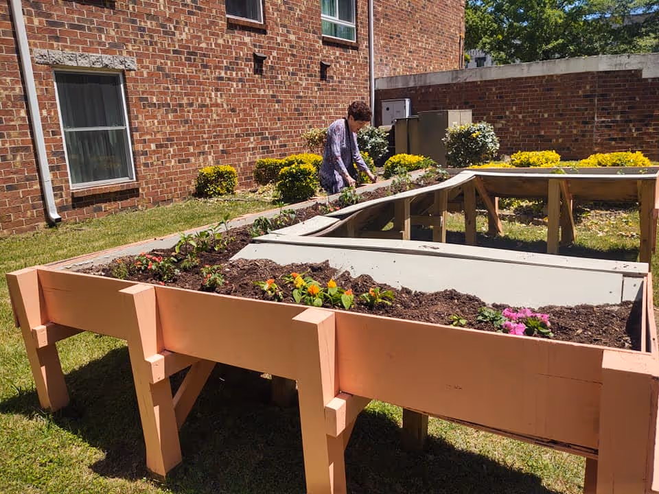 A senior woman tending to plants in a raised garden bed outside a brick building, surrounded by green grass and small bushes under a clear sky.