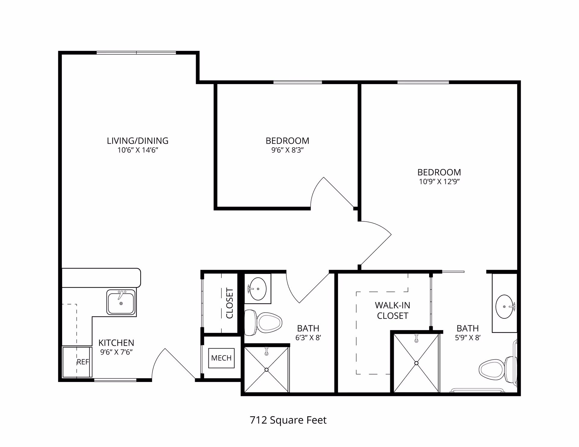 Floor plan of a 712 square feet apartment with two bedrooms, two bathrooms, a kitchen, living/dining area, closets, and mechanical room. The living/dining area measures 10'6" by 14'6", the kitchen is 9'6" by 7'6", one bedroom is 9'6" by 8'3", and the other bedroom is 10'9" by 12'9" with a walk-in closet. Both bathrooms have a shower, toilet, and sink.