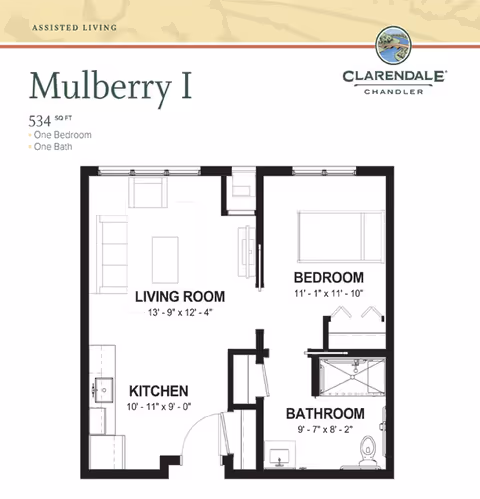 Floor plan titled Mulberry I showing a one-bedroom, one-bath assisted living unit with labeled living room, kitchen, bedroom, and bathroom.