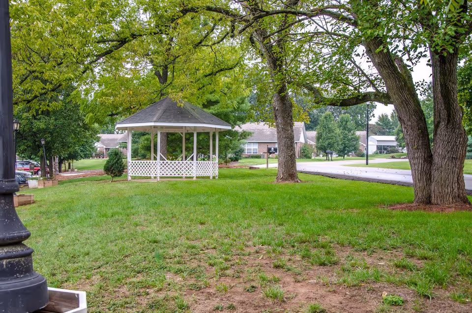 A green outdoor area with a white gazebo surrounded by trees and grass. There is a paved road and several buildings in the background, along with a black lamp post on the left side.