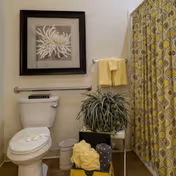 A bathroom with a white toilet, a grab bar on the wall behind it, a framed floral artwork above the grab bar, a plant in a black pot on the floor next to the toilet, a small trash can, yellow towels hanging on a towel rack, and a yellow patterned shower curtain.
