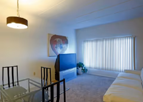 Living room with a glass dining table and chairs, sofa, TV, vertical blinds and wall art.