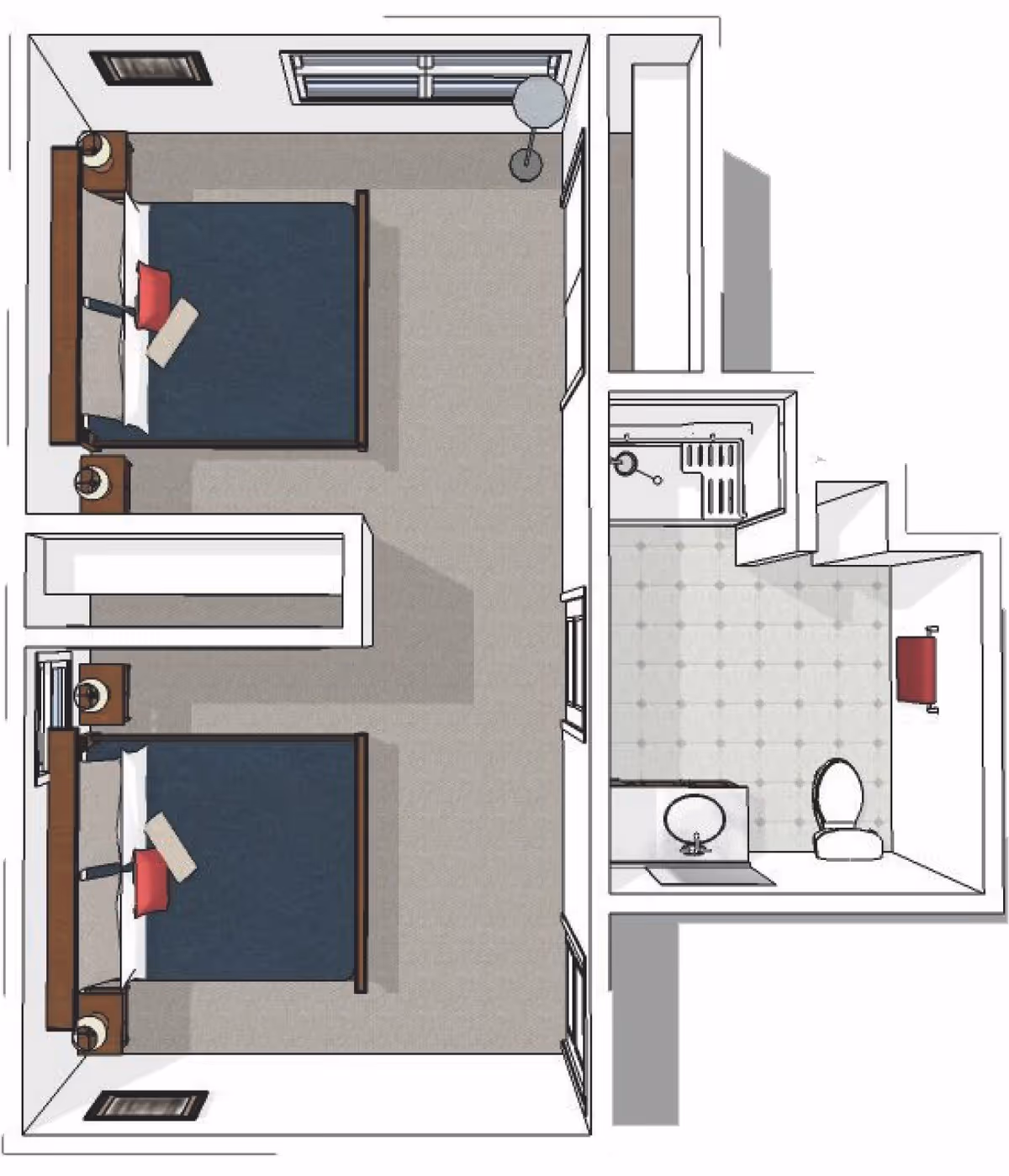 Top-down floor plan of a living space featuring two bedrooms each with a bed, nightstands, and lamps, and an adjacent bathroom with a sink, toilet, and shower area.