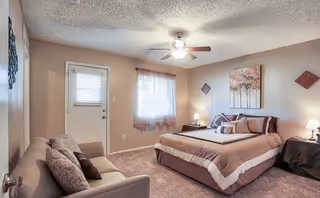 A cozy bedroom with a large bed dressed in brown and beige bedding, two bedside tables with lamps, a small sofa with cushions, a ceiling fan with light, and a window with sheer curtains letting in natural light.